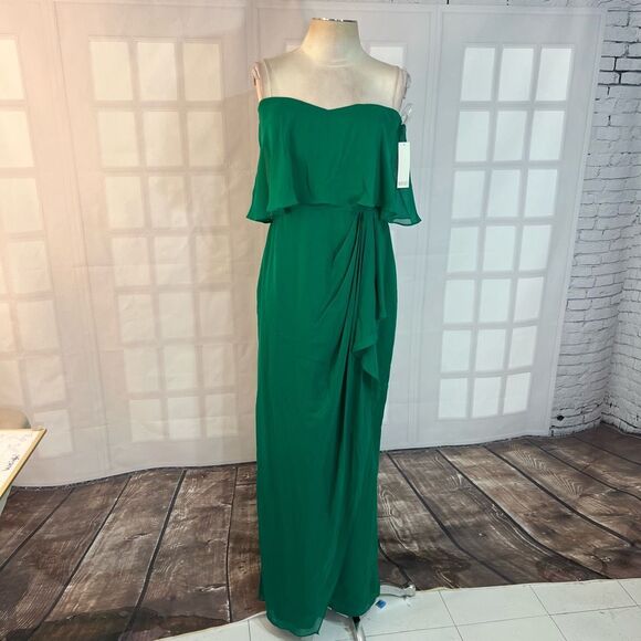 Badgley Mischka NWT Kelly green sweetheart flounce silk chiffon gown size 10 - Picture 1 of 10